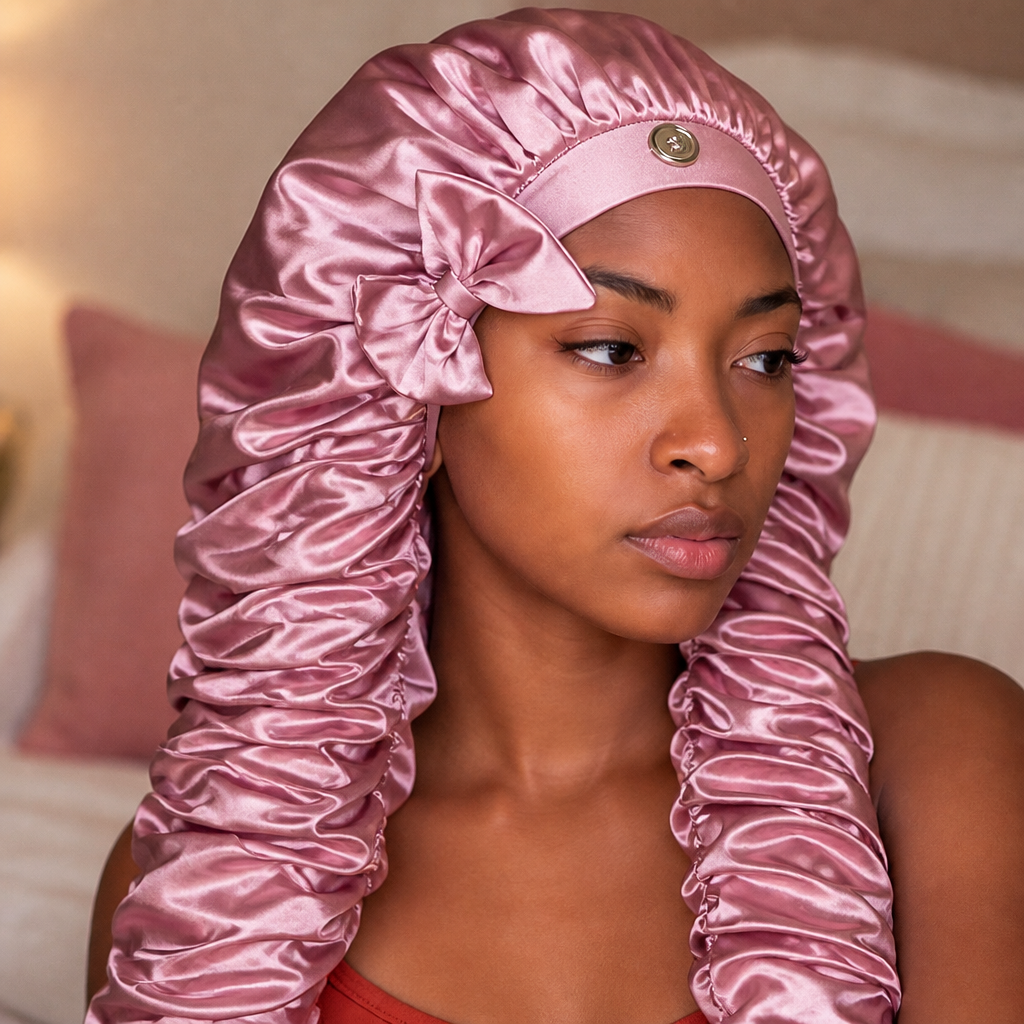 Bonnet de Nuit Satiné Cheveux Longs – Attache Bouton Réglable
