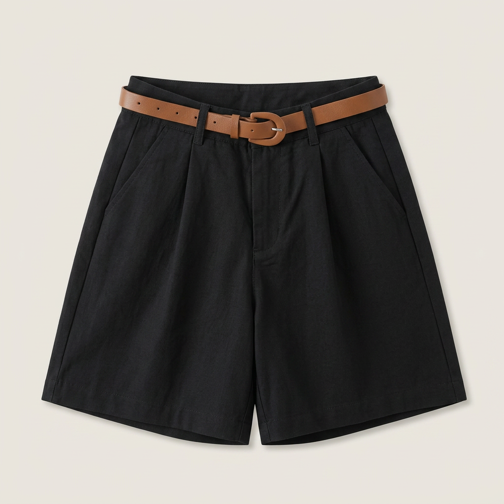 Short Femme en Lin Taille Haute à Pinces, Ceinture Incluse