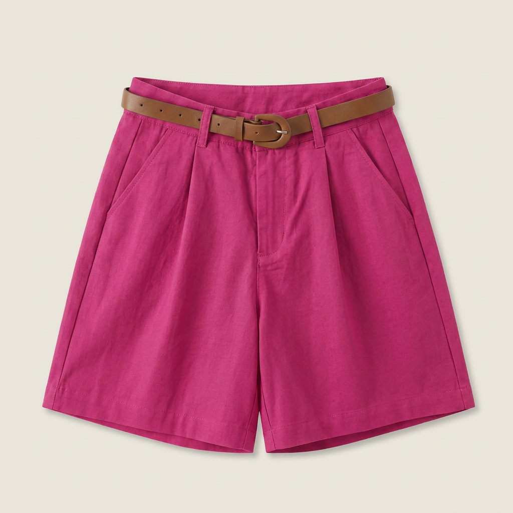 Short Femme en Lin Taille Haute à Pinces, Ceinture Incluse