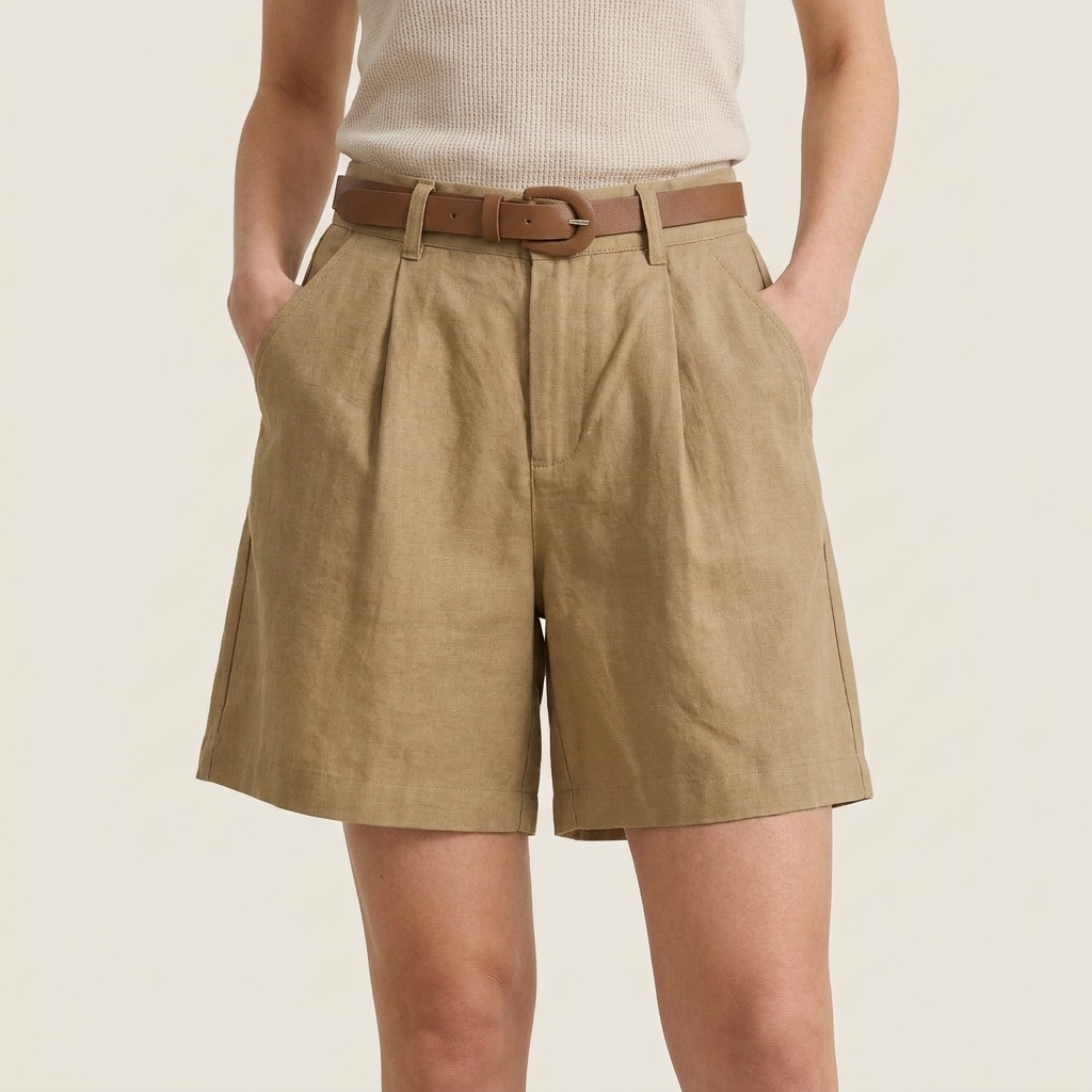 Short Femme en Lin Taille Haute à Pinces, Ceinture Incluse