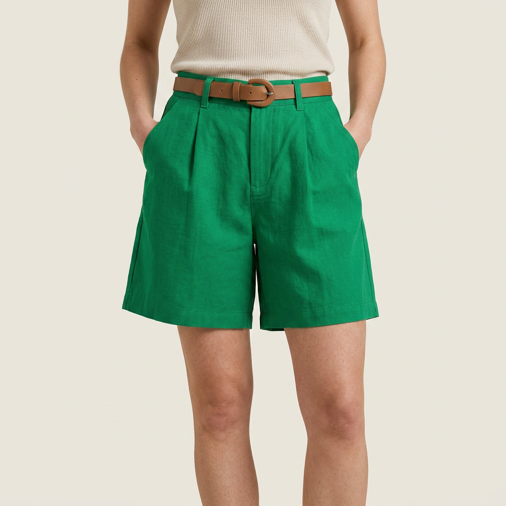 Short Femme en Lin Taille Haute à Pinces, Ceinture Incluse