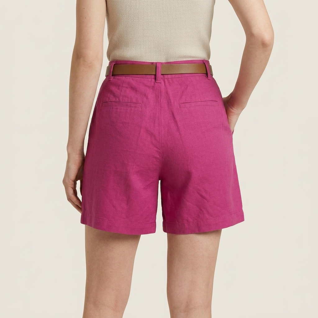 Short Femme en Lin Taille Haute à Pinces, Ceinture Incluse
