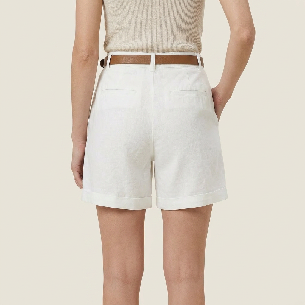 Short Femme en Lin Taille Haute à Pinces, Ceinture Incluse