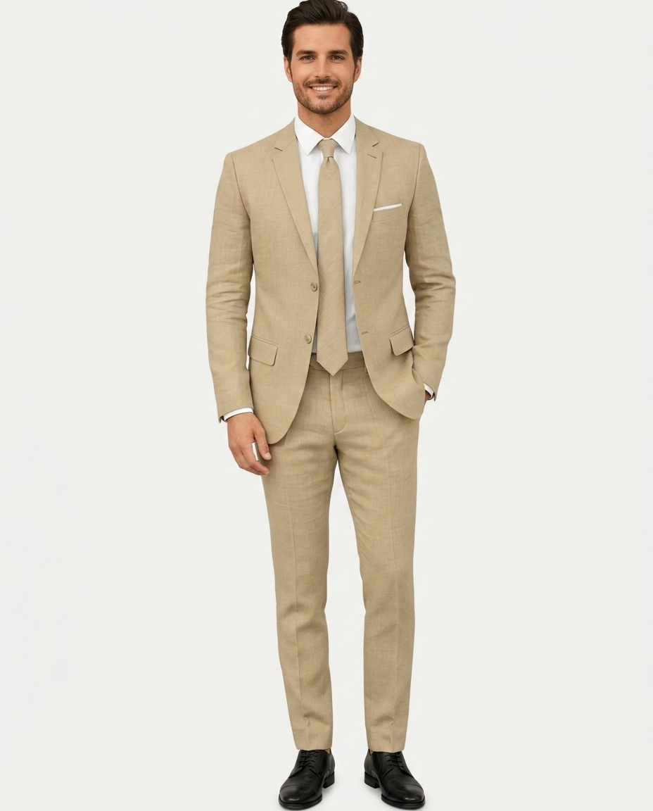 Costume Homme Slim Fit en Lin Léger, Veston Droit Deux Boutons