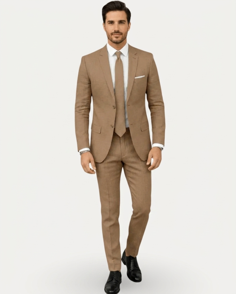 Costume Homme Slim Fit en Lin Léger, Veston Droit Deux Boutons