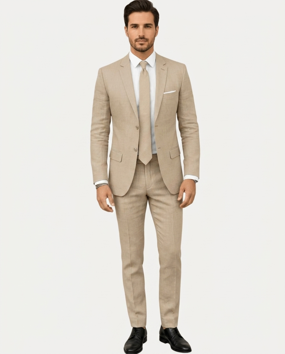 Costume Homme Slim Fit en Lin Léger, Veston Droit Deux Boutons