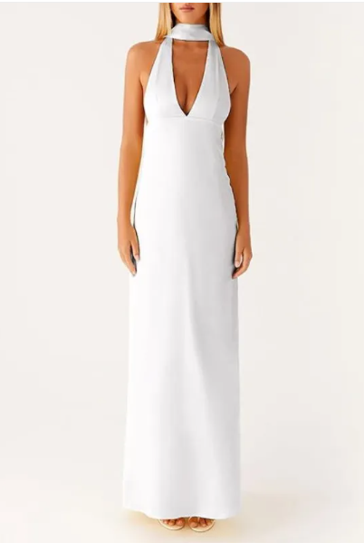 Women's Long Dress with Halter Neck, Open Back, and V-Neckline