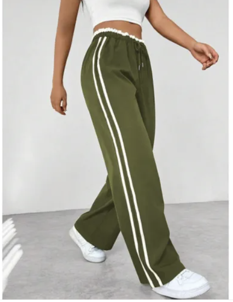 Jogging Femme Taille Haute à Bandes Contrastées - Pantalon de Sport Décontracté