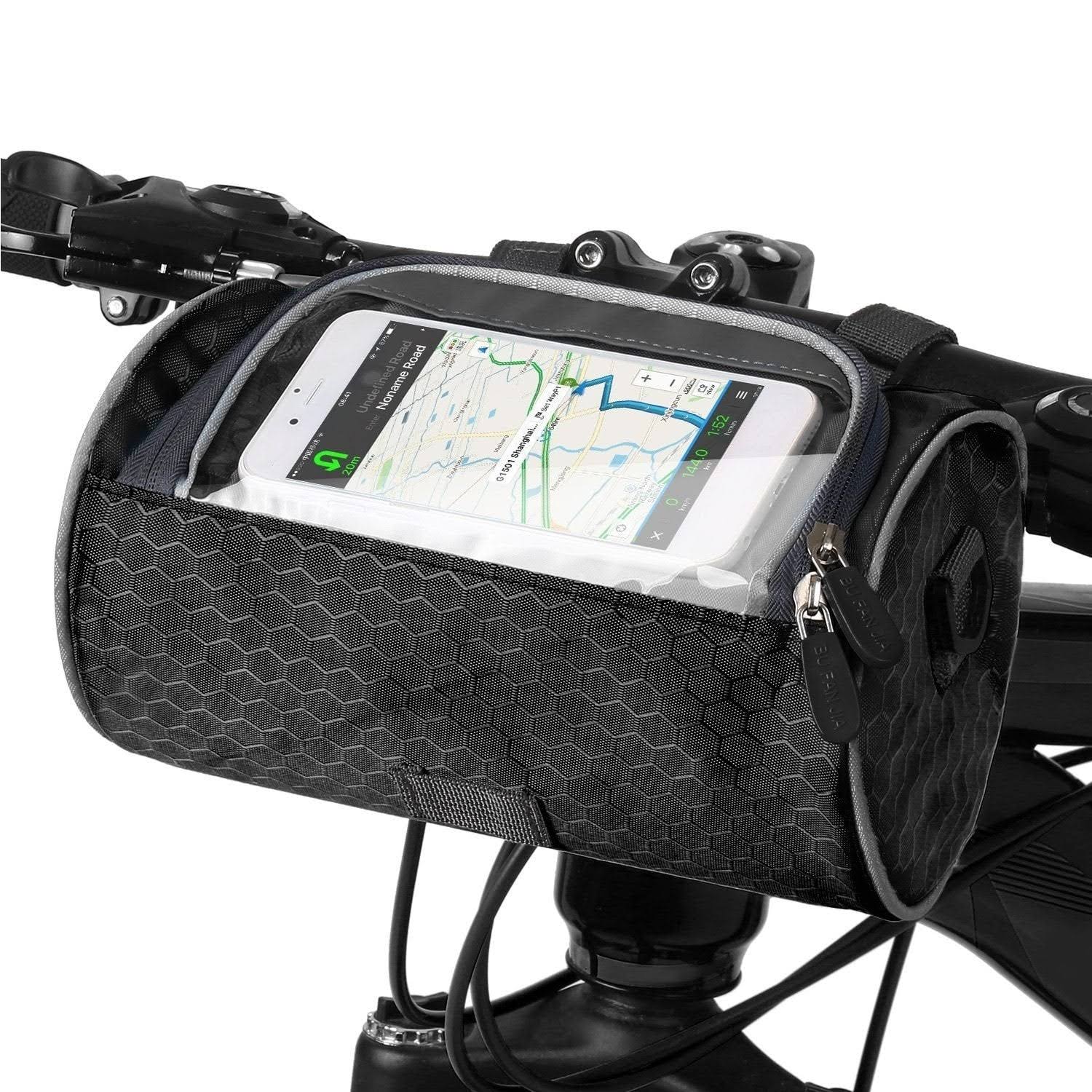 Waterproof Bike Bag – Black, with a phone window for mounting on the handlebars during bike rides
