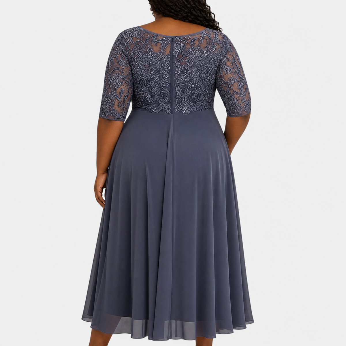 Robe Habillée Femme en Dentelle, Jupe Mousseline et Manches 3/4