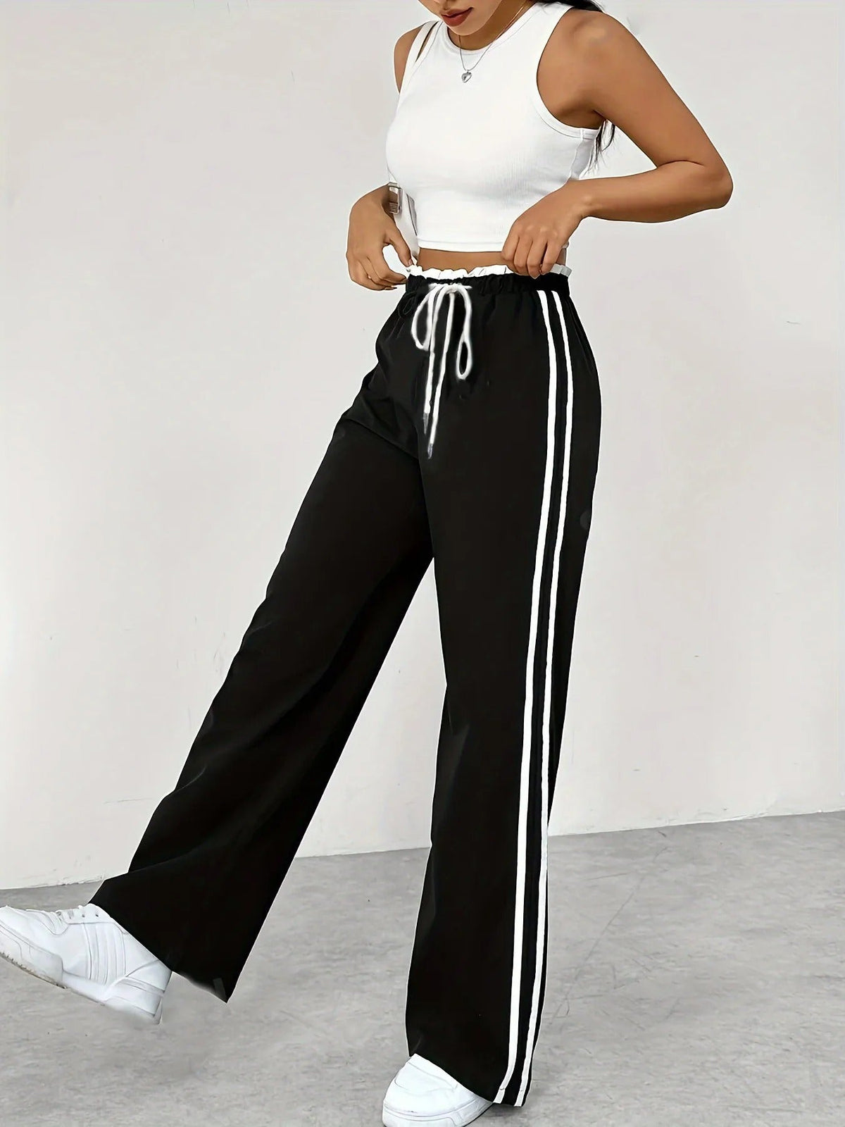 Jogging Femme Taille Haute à Bandes Contrastées - Pantalon de Sport Décontracté