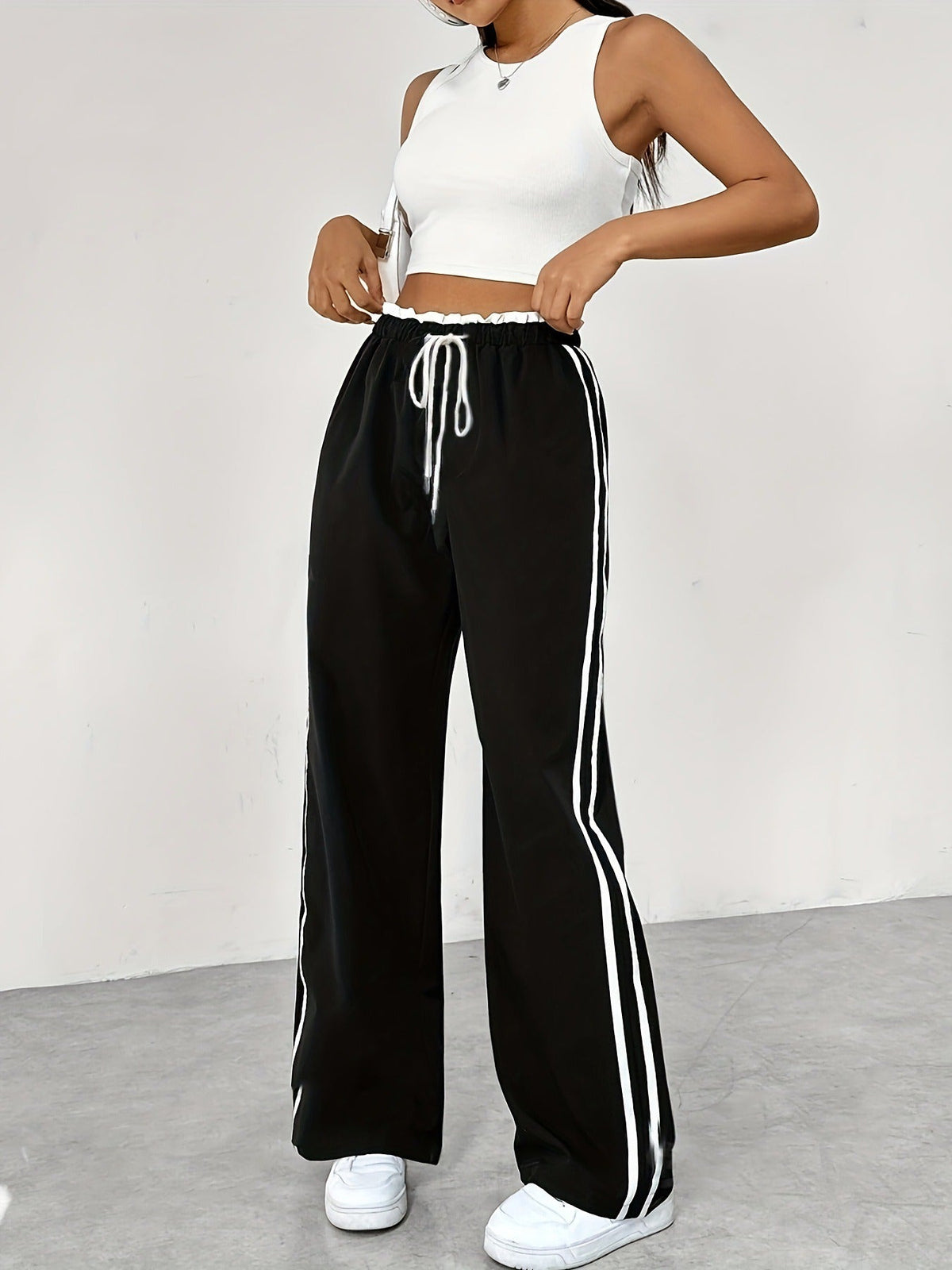 Jogging Femme Taille Haute à Bandes Contrastées - Pantalon de Sport Décontracté