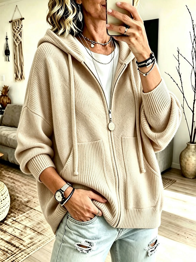 Sweat à Capuche Zippé Femme, Manches Rayées et Épaules Tombantes
