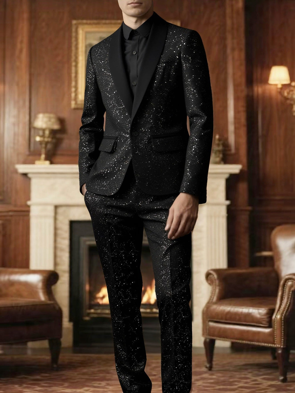Costume Pailleté Homme Veste et Pantalon Noir
