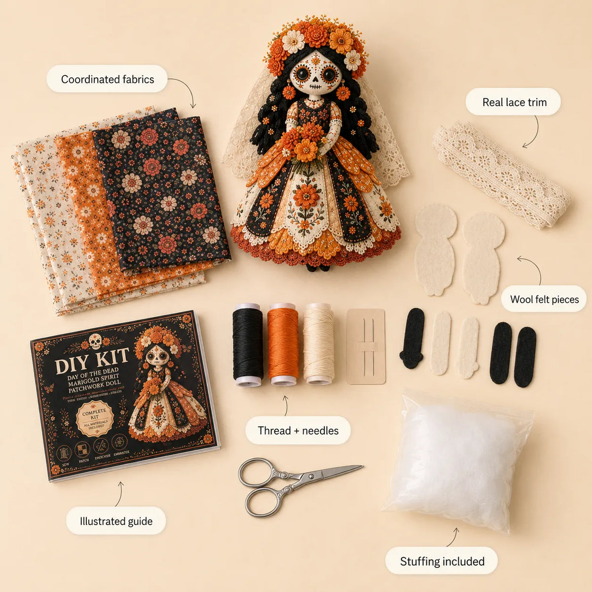 Kit DIY Poupée Patchwork Jour des Morts – Loisir Créatif Couture