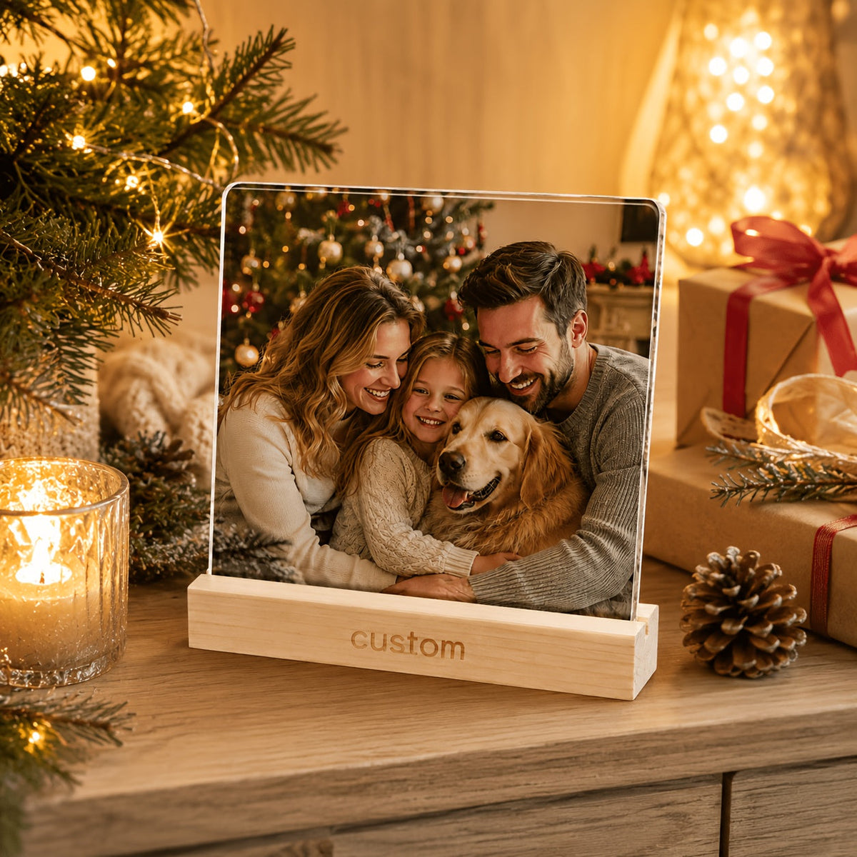 Akrylowa ramka na zdjęcie 10 x 10 cm - personalizowany nadruk Twojego zdjęcia | podstawka z drewna sosnowego - widok produktu 5 | Ionotix