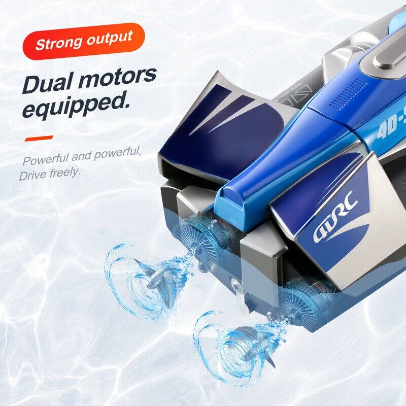 Close-up of RC boat dual motor propellers in water