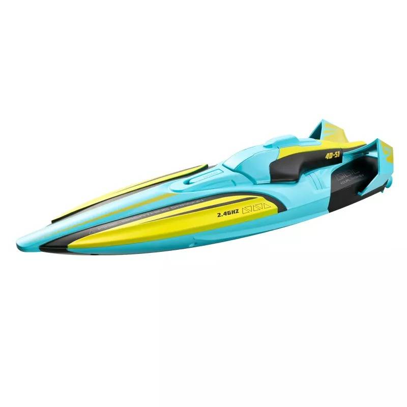 Green RC racing boat, side profile on white background