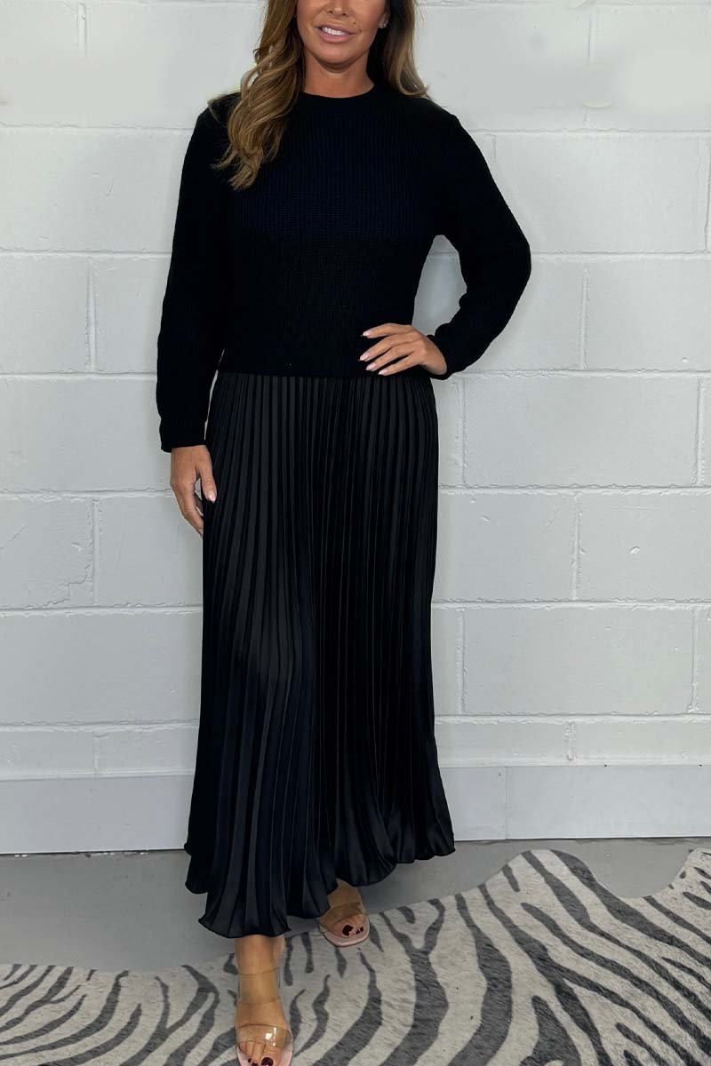 Robe Mi-Longue Femme en Maille et Jupe Plissée