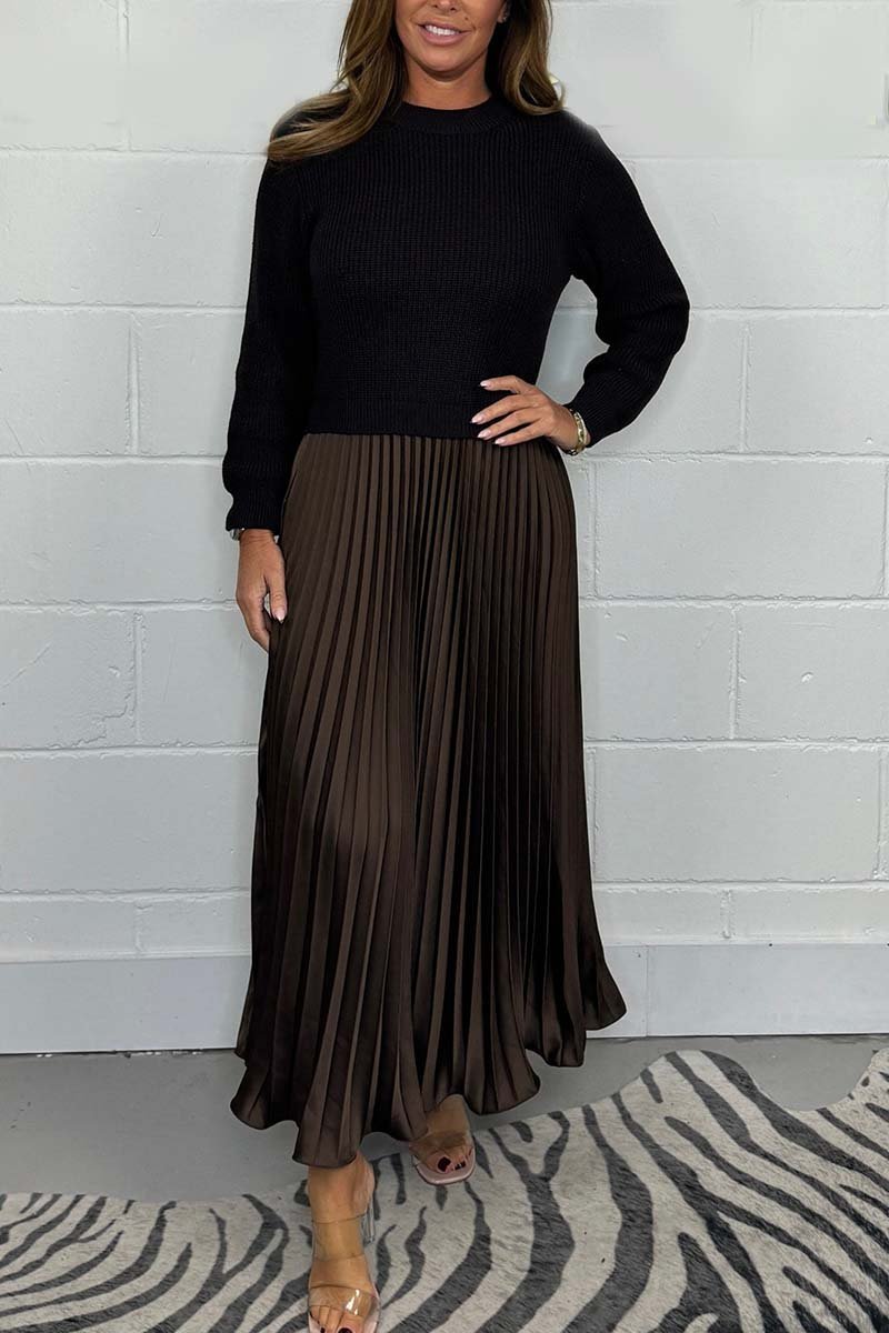 Robe Mi-Longue Femme en Maille et Jupe Plissée