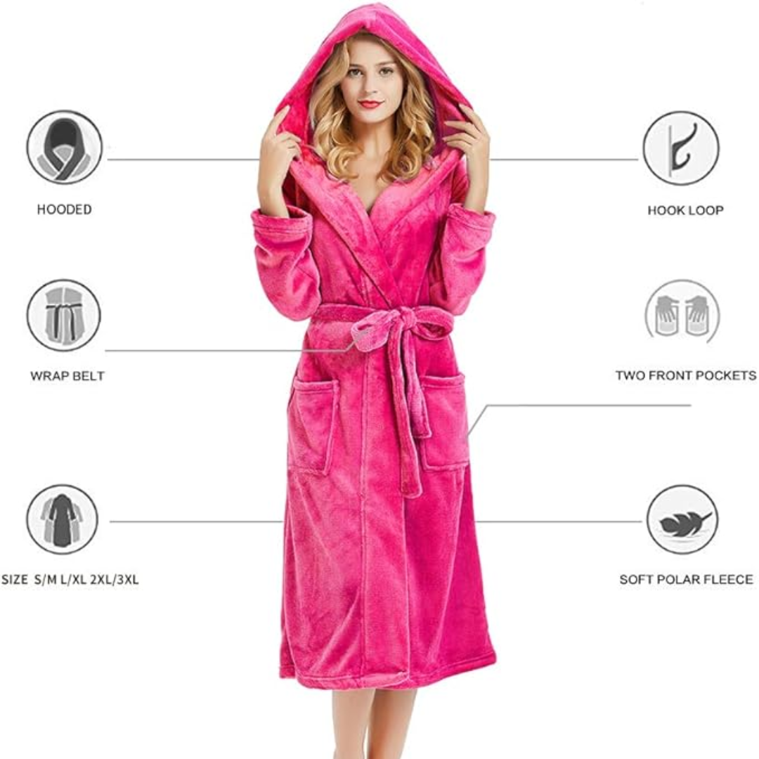 Women's Fleece Robe – Soft Gray with Hood and Side Pockets for Home Use or Relaxation