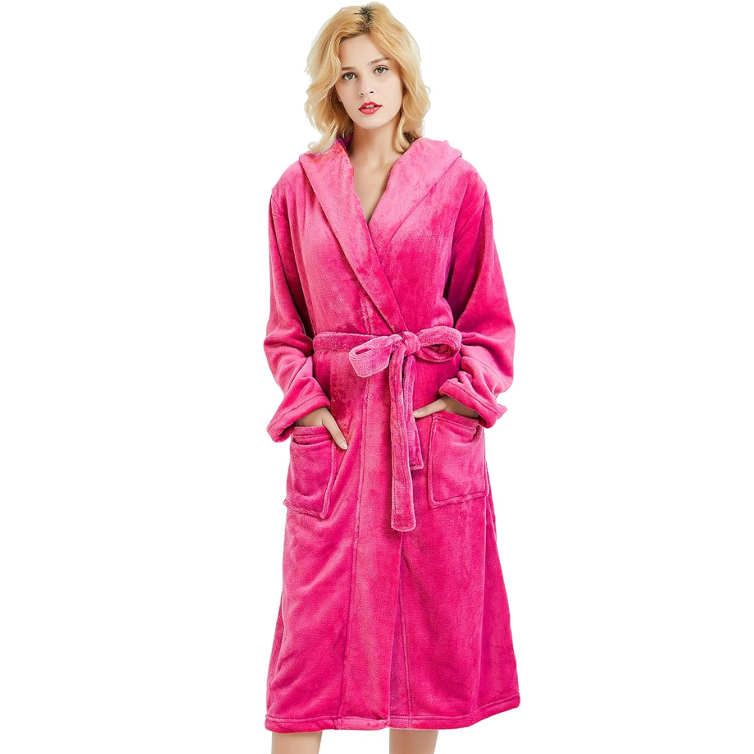 Women's Fleece Robe – Soft Gray with Hood and Side Pockets for Home Use or Relaxation