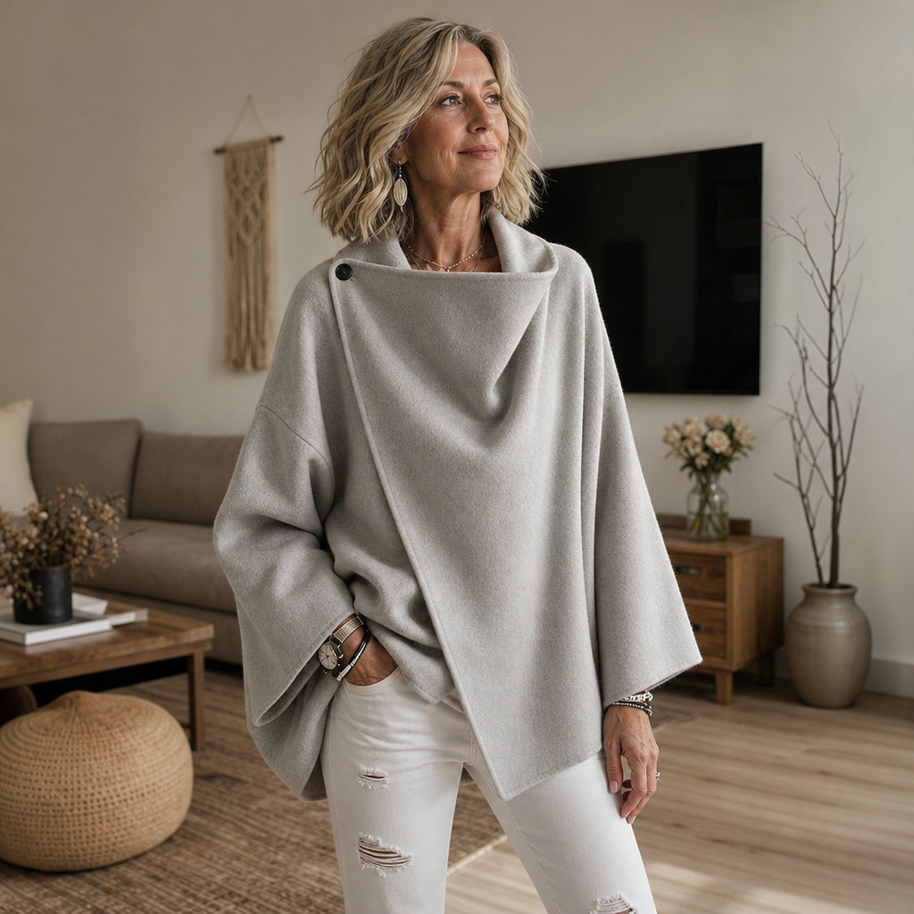 Veste Cape Portefeuille Femme à Col Asymétrique Boutonné