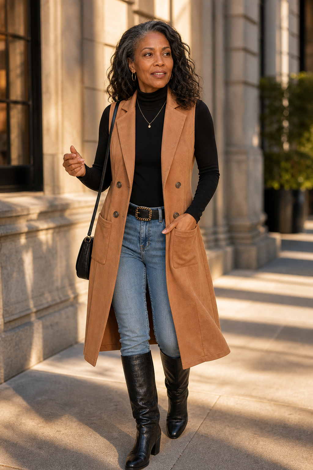 Gilet Long Sans Manches à Ouverture Devant pour Femme