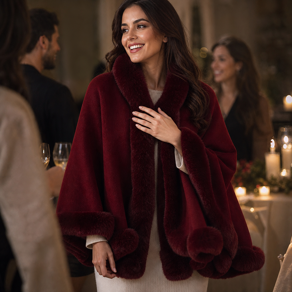 Cape Femme en Maille à Capuche avec Bordure en Fausse Fourrure