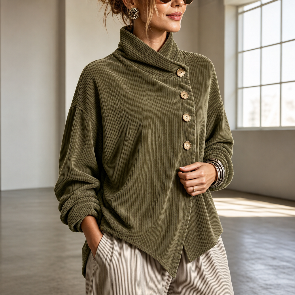 Veste Femme Col Boutonnage Asymétrique et Côtes Fines