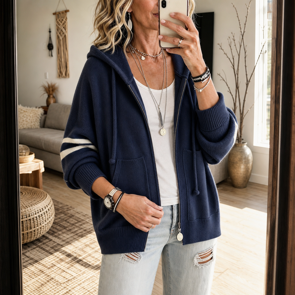 Sweat à Capuche Zippé Femme, Manches Rayées et Épaules Tombantes