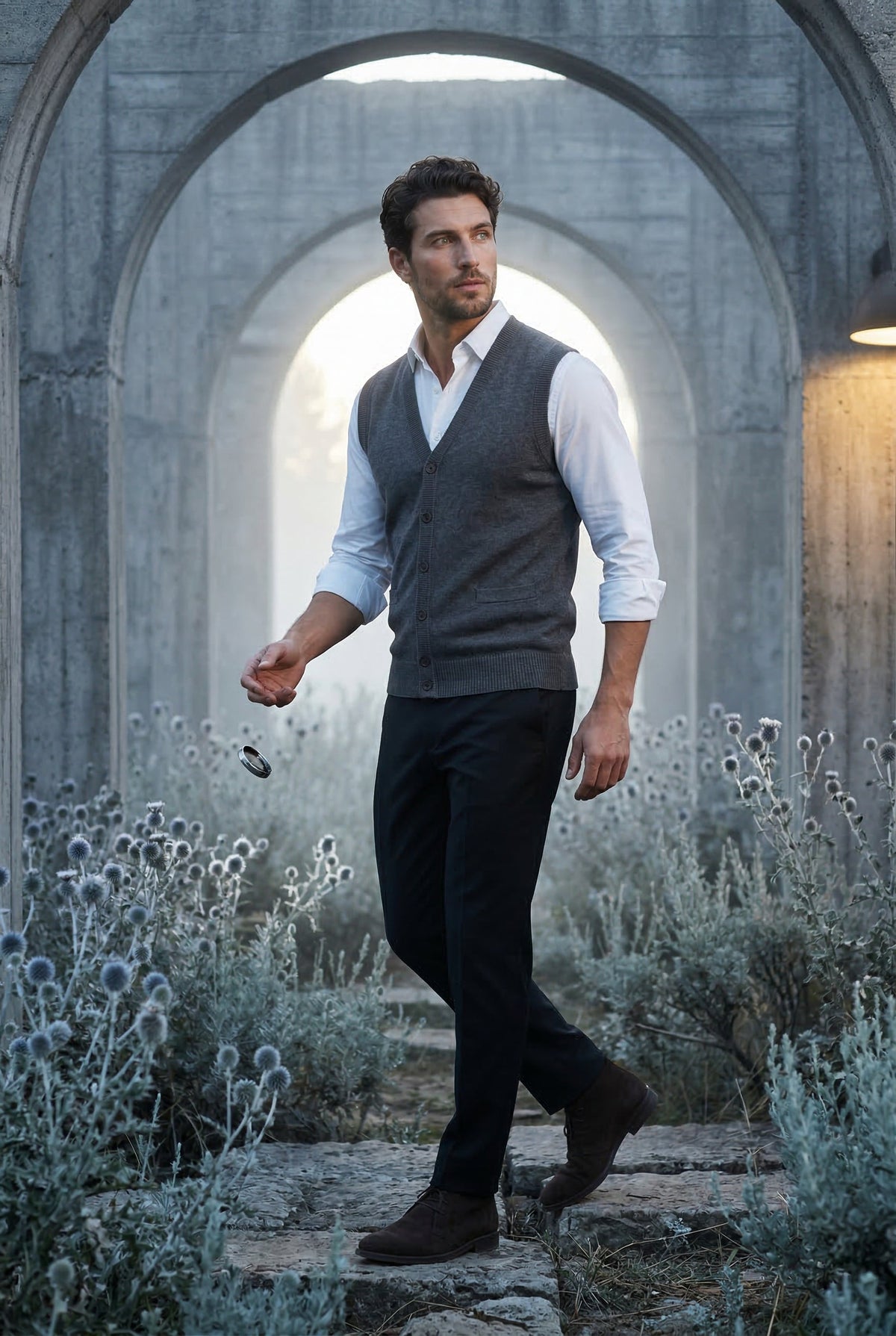 Dark Gray Button-front V-neck Sleeveless Sweater Vest - Photo 7
