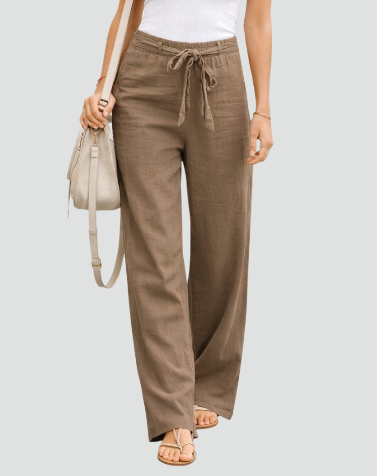 Pantalon Large en Lin Femme à Taille Cordon
