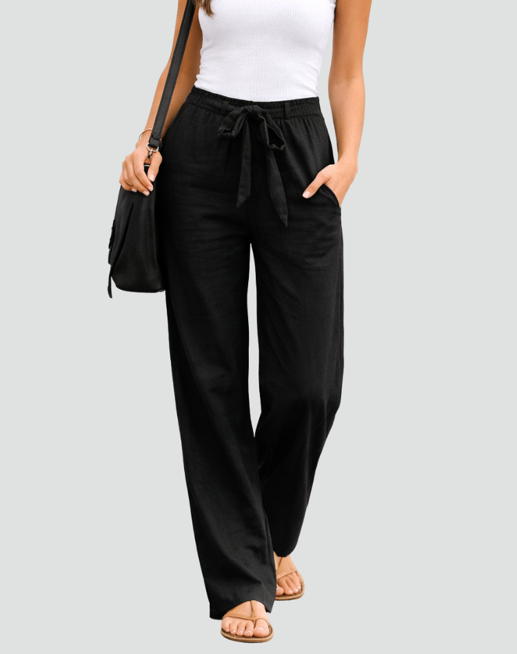 Pantalon Large en Lin Femme à Taille Cordon