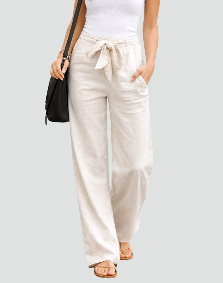 Pantalon Large en Lin Femme à Taille Cordon