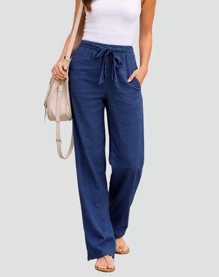 Pantalon Large en Lin Femme à Taille Cordon