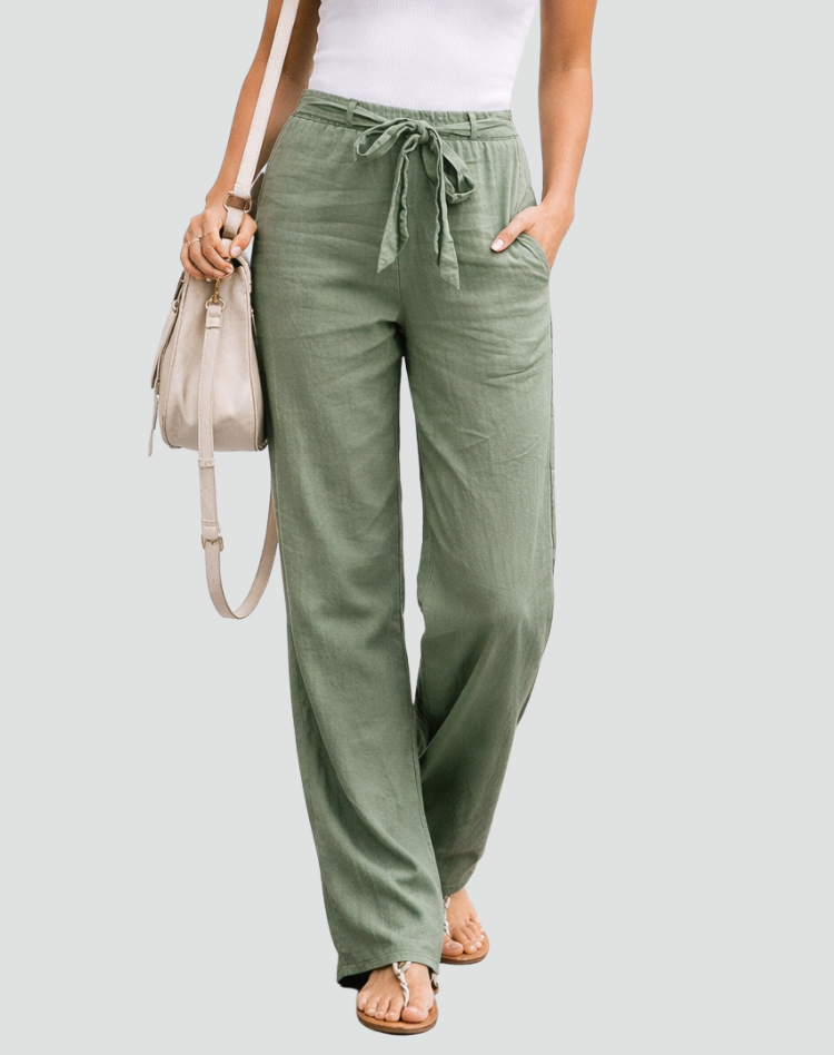 Pantalon Large en Lin Femme à Taille Cordon