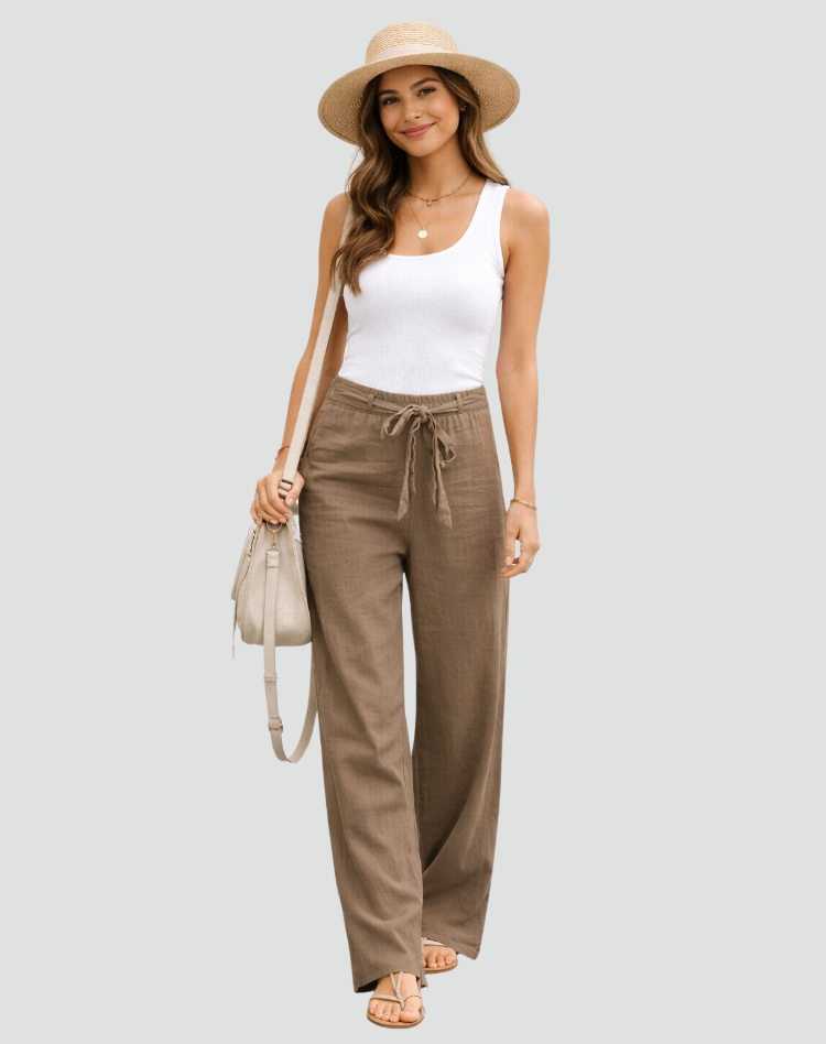 Pantalon Large en Lin Femme à Taille Cordon