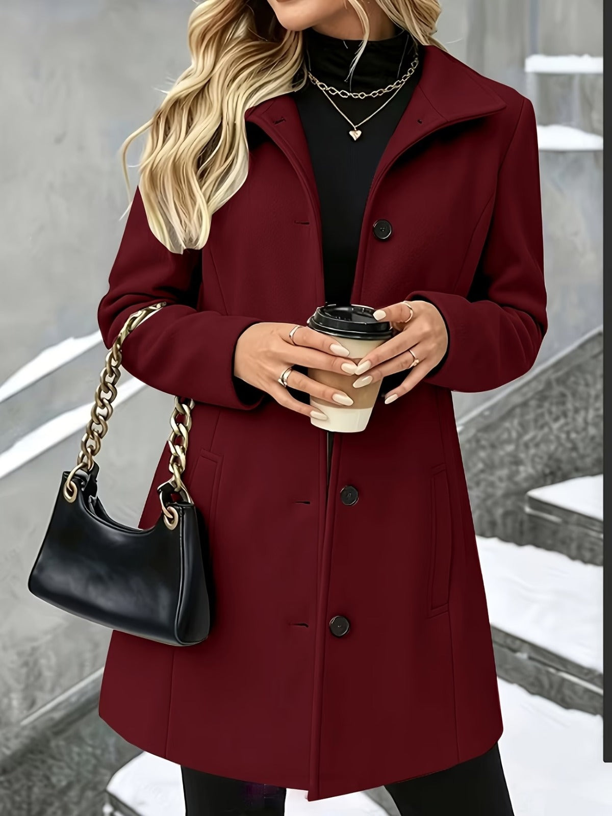 Manteau Long Femme à Col Revers, Manteau d'Hiver Structuré