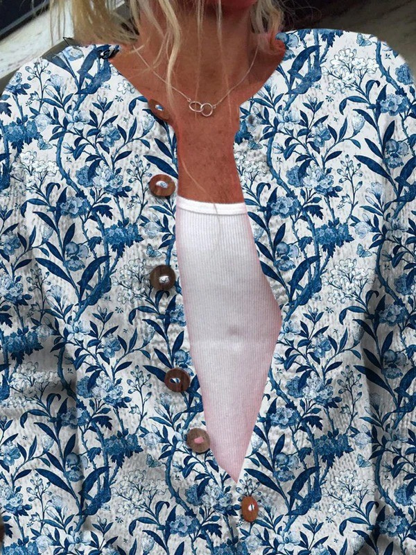 Cardigan Femme à Motif Fleuri avec Boutons en Bois