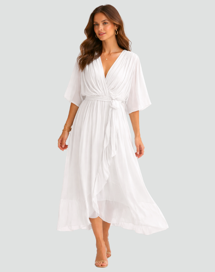 Robe Midi Portefeuille Femme Manches Kimono pour Mariage
