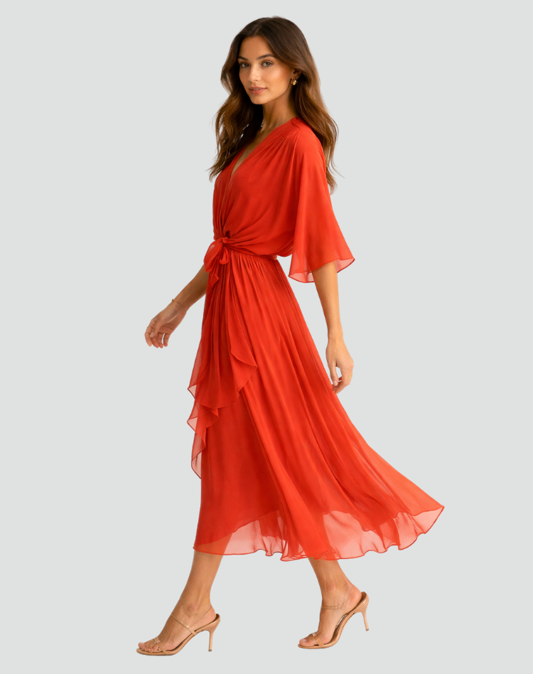 Robe Midi Portefeuille Femme Manches Kimono pour Mariage