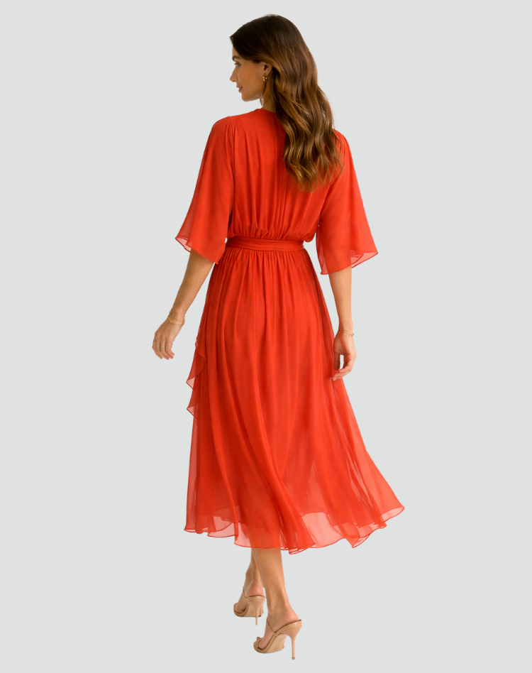 Robe Midi Portefeuille Femme Manches Kimono pour Mariage