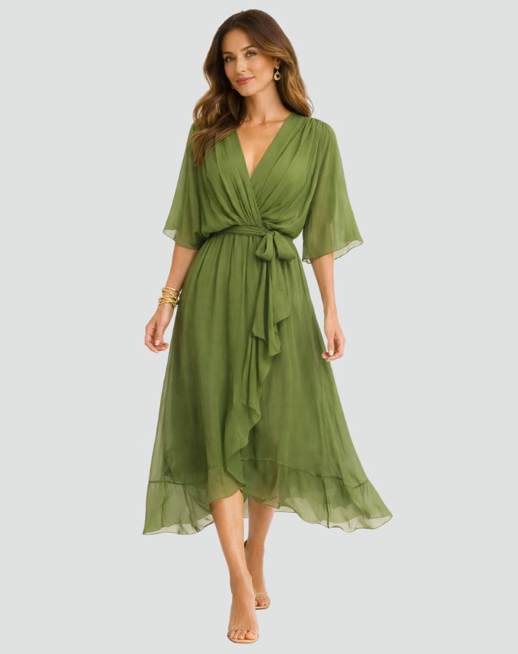 Robe Midi Portefeuille Femme Manches Kimono pour Mariage