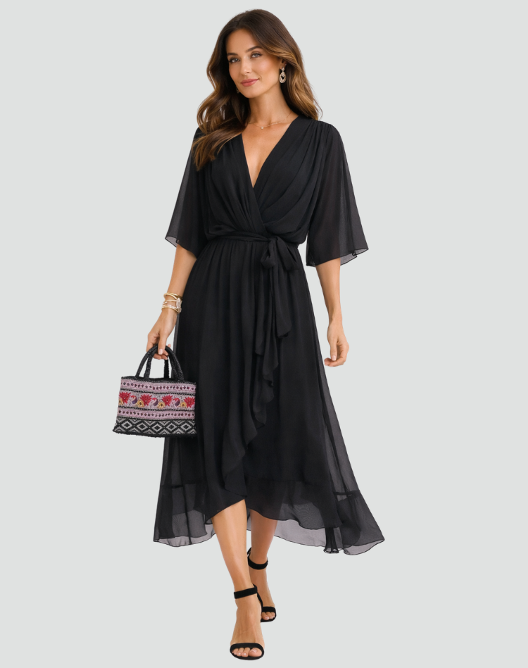 Robe Midi Portefeuille Femme Manches Kimono pour Mariage