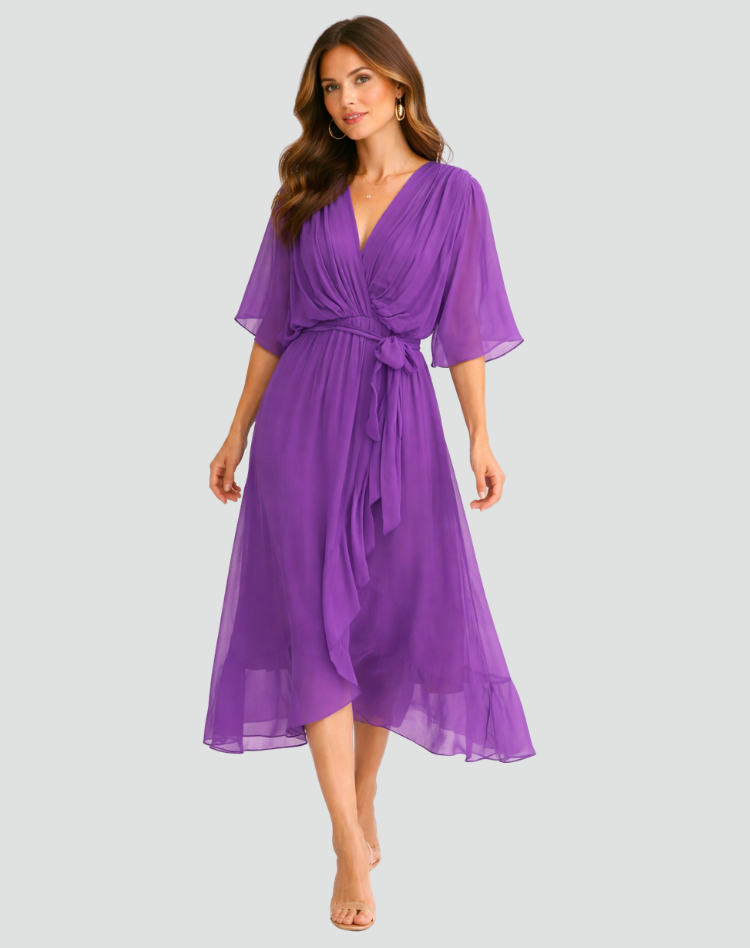 Robe Midi Portefeuille Femme Manches Kimono pour Mariage