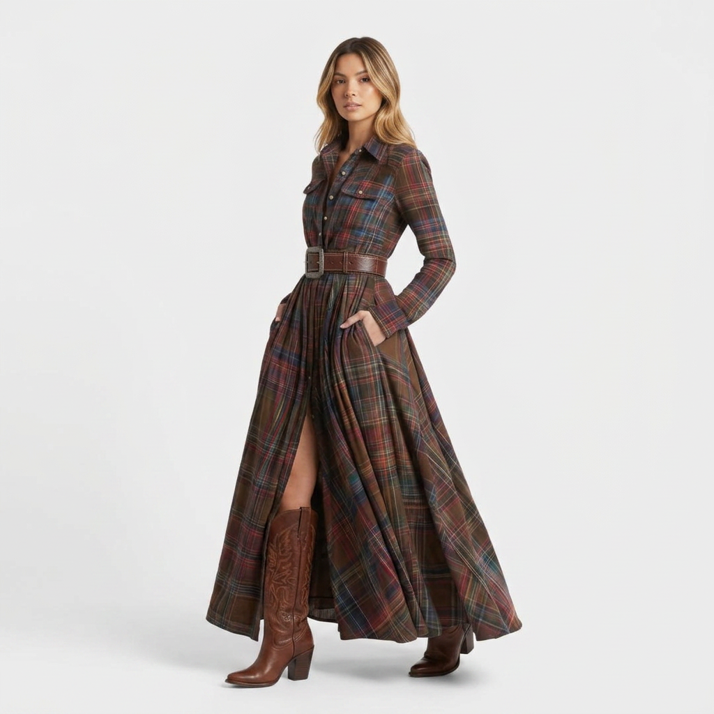 Robe Chemise Femme à Carreaux, Manches Longues et Poches