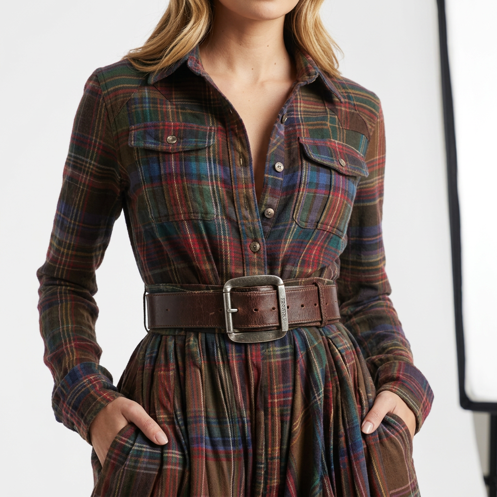 Robe Chemise Femme à Carreaux, Manches Longues et Poches