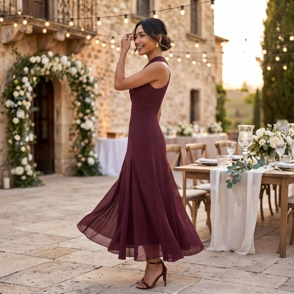 Robe Longue Femme Invitée Mariage en Gaze Fluide avec Nœud