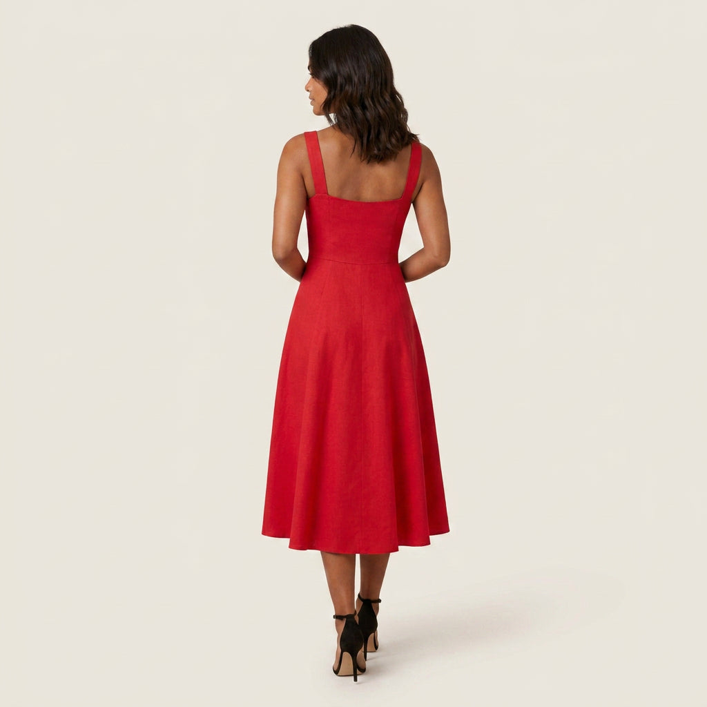 Robe Midi Femme Décolleté Carré Jupe Évasée